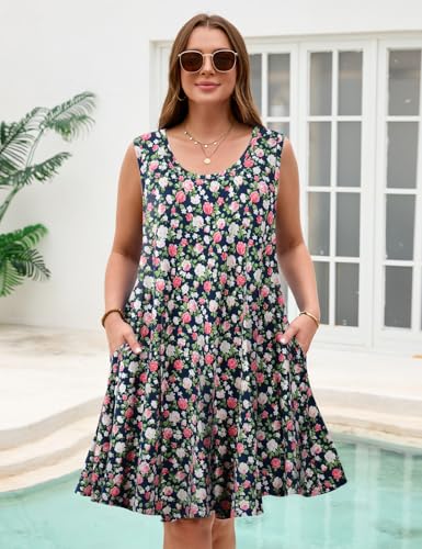 Image of JollieLovin Women Plus Size Curvy Summer Tank Sun Dresses Sleeveless Causal T-Shirt Dress Beach Swing Cover up(L-5X)