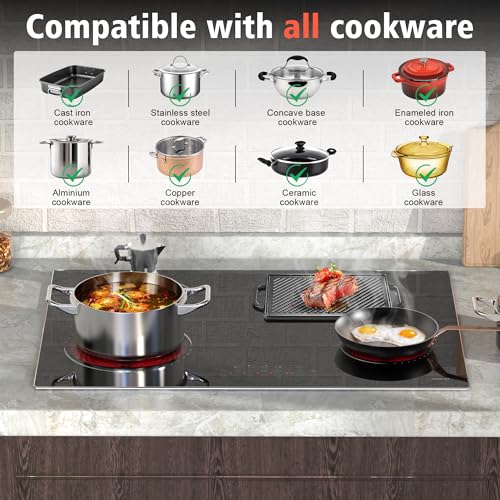 Image of Hobsir 30 Inch Electric Cooktop, 4 Burners Cooktop, Electric Stove Top Burner, 6800W Drop-in Ceramic Stove Top with Glass Metal Frame, Timer, Safety Lock, 220-240V, Hard Wired (No Plug) Cooktops
