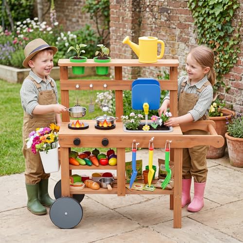 Image of HONEY JOY Mud Kitchen with Wheels, Fir Wood Outside Play Kitchen for Toddlers, Realistic Faucet & Water Tank, 15 Garden Tools, Storage Shelf, Planter Cups, Mud Table for Kids Outdoor Backyard,Natural