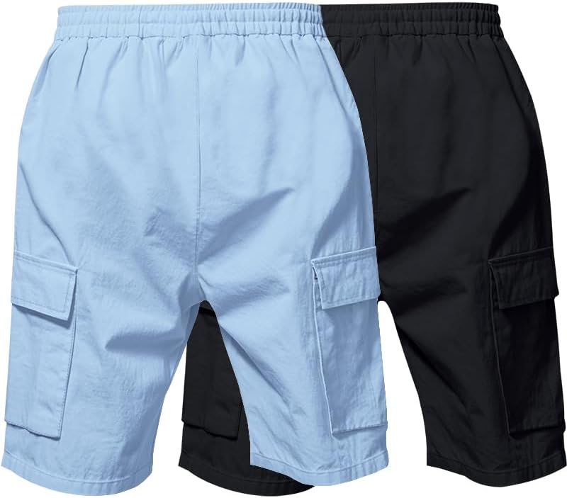 Mens Casual Shorts Summer Beach Elastic Waist Drawstring Shorts Lightweight Quicky Dry Vacation Shorts 2 PACK Small Blue/Black image 6 of 6 B0DXL6P1NQ