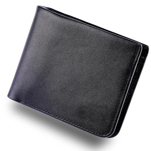 Genuine Leather Wallet for Men Full Grain Minimalist RFID Blocking Bifold Slim Coin Pocket Ultra Thin Front Pocket Gift (Black)