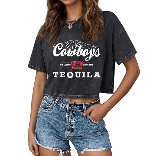 KEEVICI Western Cowboy Shirts for Women Vintage Cowgirl Shirt Rodeo Graphic Tees Country Concert Tops Cotton Acid Wash Tshirt
