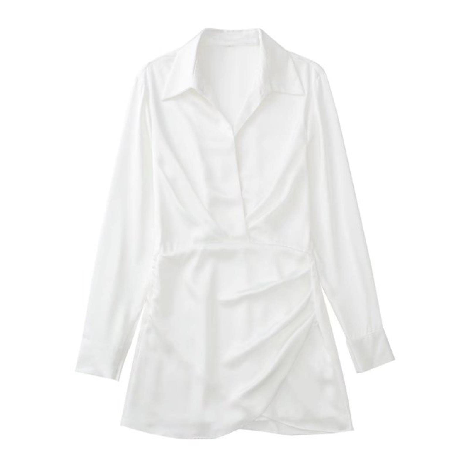 Mini vestido de satén para mujer, primavera y verano, manga larga, cuello de solapa, elegante, estilo camisa, vestido corto, túnica femenina