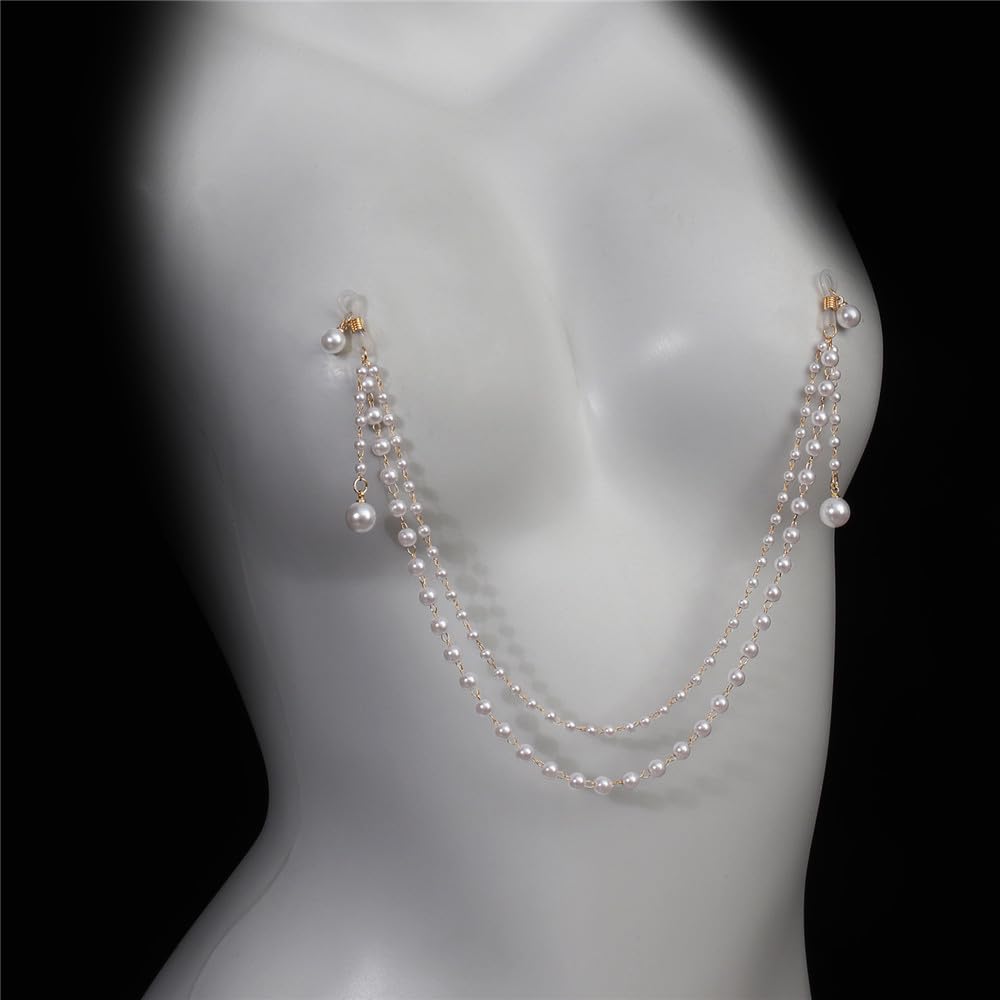 Niaspi Sexy Pearl Non Piercing Fake Nipple Rings Bra Chest Chains Pearls Beaded Adjustable Noose Body Chain Summer Beach Women Clothes Accessories