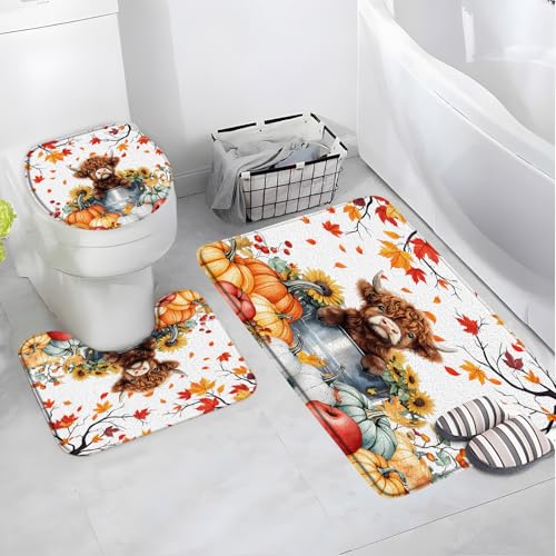 AYDSMYD 3 Piece Fall Pumpkin Bath Mat Funny Highland Cow Autumn Thanksgiving Harvest Rustic Farmhouse Sunflower Maple Leaves Bathroom Bathtub Floor Rugs Absorbent Doormat Toilet Decor