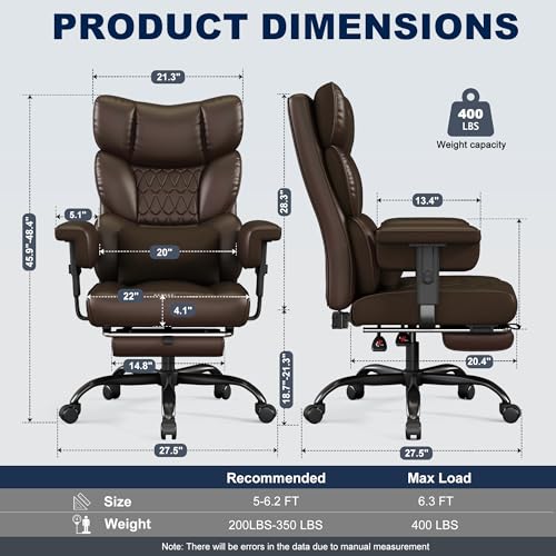 Image of Misolant Big and Tall Office Chair with Footrest, High Back Executive Desk Chair with Adjustable Lift Armrest, 155Recline，Lumbar Support Pillow, Faux Leather Gaming Chairs for Home or Office Brown