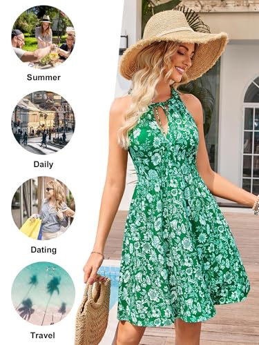 Image of HUHOT Petite Women Teen Summer Halter Dress Vacation Mini Sundress with Pockets