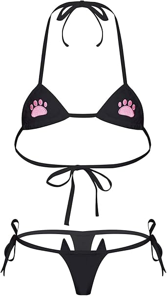 ZUYPSK Womens Cat Paw Printed Bikini Swimsuit Halter Bra Top and Tie Sides Micro Thong Lingerie Set