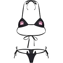 ZUYPSK Womens Cat Paw Printed Halter Bra Top and Tie Sides Micro Thong Lingerie Set Bikini Swimsuit