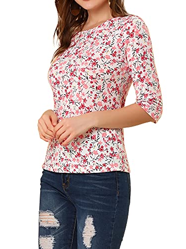 T-shirt imprimé floral blanc Allegra K à manches coudes et col rond pour femme XXL