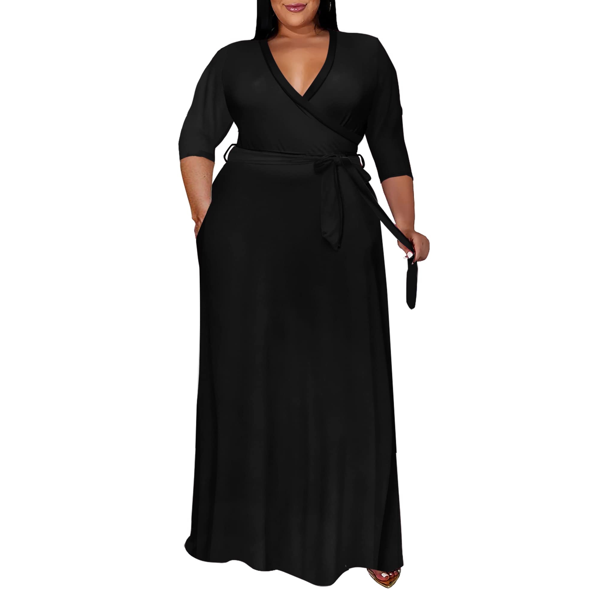 RunwindPlus Size Dress for Women - 3/4 Sleeve V Neck Maxi Dresses for Women （XL-6XL）