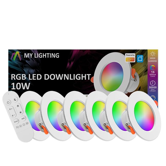RGB Led Downlight for Ceiling 4 inch 100W Equivalent 10W 800LM Smart Recessed Spot Lights with APP Control, White - Colour Changing RGB Lighting for Indoor (6packs) [Energy Class A+] [Energy Class B]