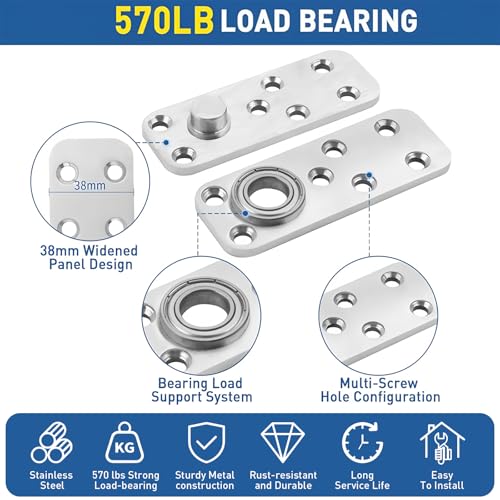 TamBee Heavy Duty Door Pivot Hinge Hardware Kit for Secret Bookshelf Bookcase Hidden Door Hinges Hardware Stainless Steel, Silver, 570 lbls Heavy Load - Image 3