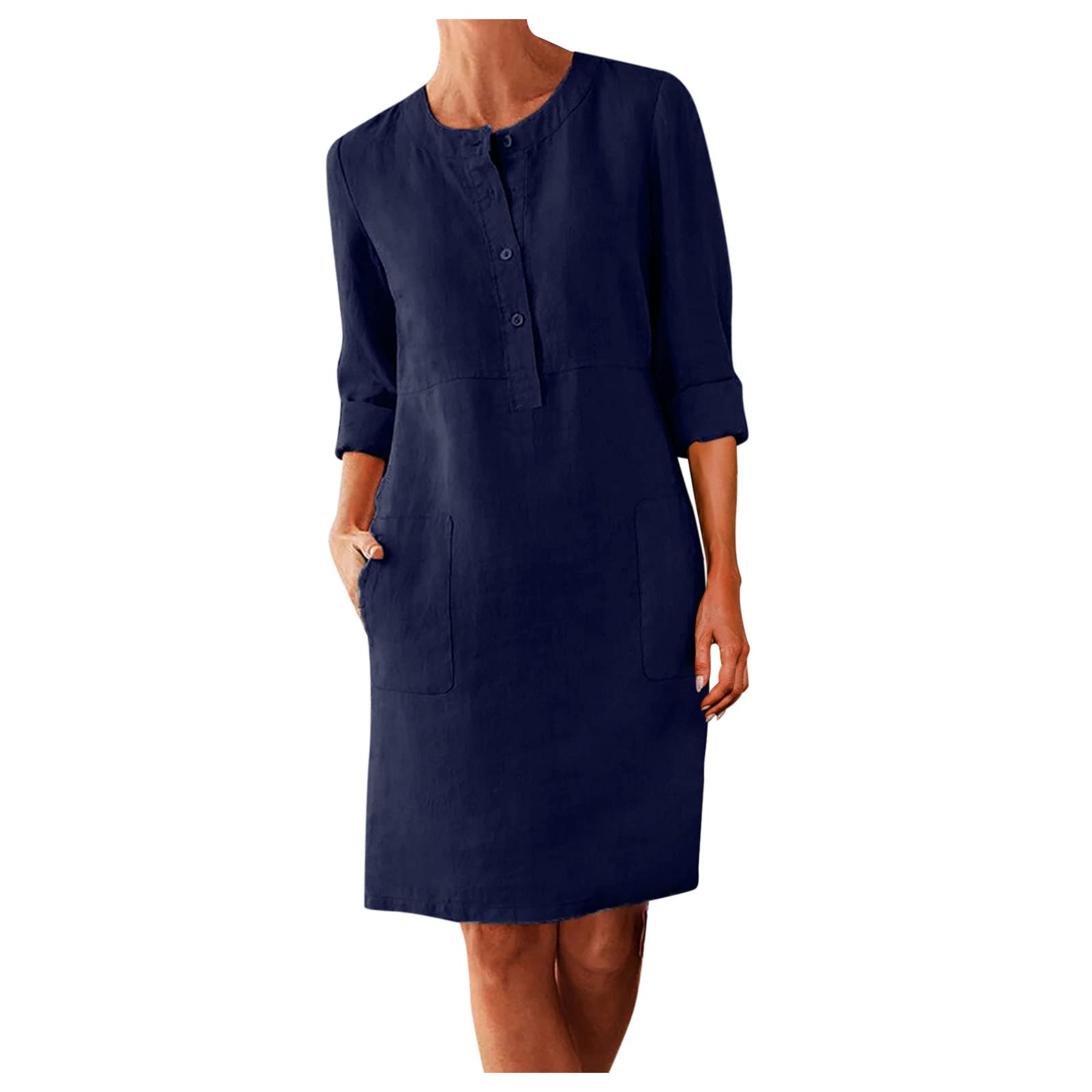 Robe D'été En Lin Pour Femme - Grandes Tailles, Manches Courtes, Col V - Léger Et élégant - Style Trapèze, Uni - Parfait été Ou Plage