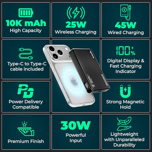 Image of Lifelong Electronics Qi2.2 MagSafe 25W 10000mAh Power Bank | India's Fastest Wireless Powerbank (iPhone 16 /17 /Pro /Max /S26Ultra) + 45W Wired Charging (All Type-C Phones & Laptops) | 100W Cable Included