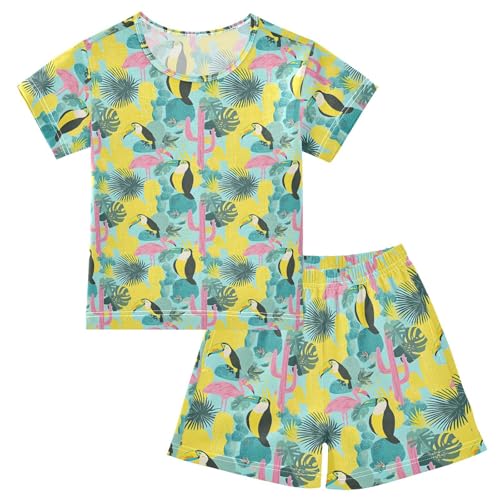 Pink Flamingo Toucan Leave Pajama Set, Short Sleeve Cotton Sleepwear Nightwear