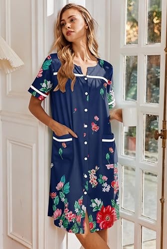 Image of Ekouaer Nightgowns for Women House Dress with Pockets Button Down Sleepshirt Short Sleeve Nightshirt Housecoat