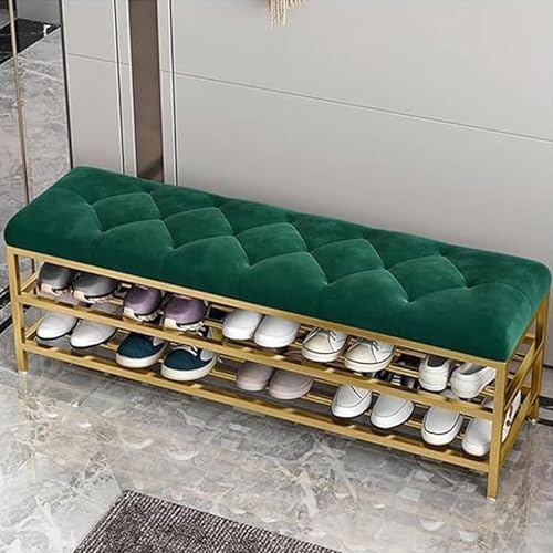Image of Entryway Shoe Rack with Cushioned Seat, Shoe Bench for Entry, 2 Shelves Storage Bed Bench