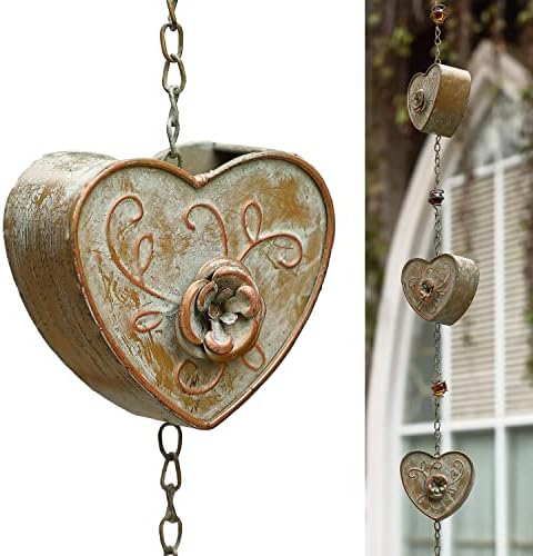 PHWOTAN 8.5FT Metal Rain Chains for Gutters, Hand-Crafted Heart-Shaped Iron Rain Chain for Outside, Decorative Rainwater Catcher Chain Replacement Downspouts for Outdoor Garden