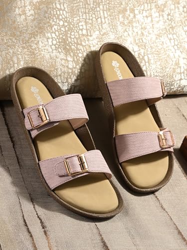 Image of Women Denim Double Strap Buckle Slides | Comfortable Casual Flat Slippers for Women | Lightweight Open Toe Slip-On Sandals Everyday Wear