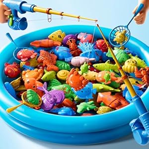 Magnetic Fishing Pool Toys Game for Kids Toddlers 3-5 4-8, Fishing Water Table Bathtub Toy with Inflatable Pool Pole Rod Net Plastic Floating Fish, Water Bath Pool Outdoor Toys for Kids Toddlers Baby