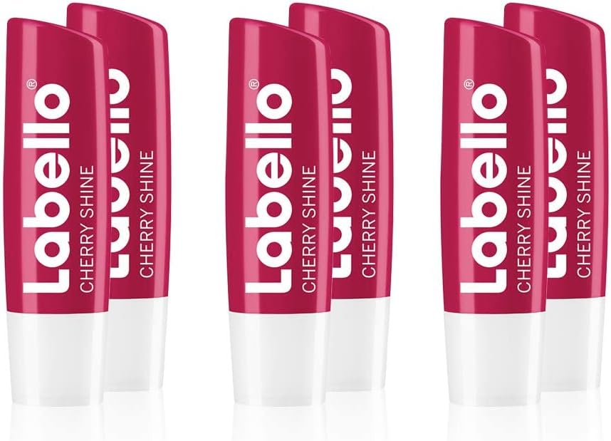 Labello Cherry Shine Set van 6 (6 x 4,8 g), lippenverzorgingsstift met zachtrode glans en glinsterende pigmenten en kersenaroma, lippenverzorging zonder minerale oliën