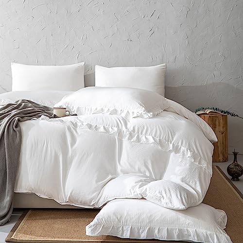 Herside White Ruffle Bedding Double Duvet Cover Set Modern Chic Ruffled on Bottom Soft Microfibre Bedding Sets 1 Quilt Cover 2 Pillow Shams (White 2 - Image 3