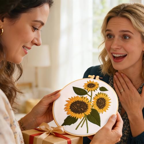 Image of Sunflower Embroidery Kits for Beginners Adults, Floral Hand Embroidery Set Needlepoint Kits, Stamped Cross Stitch Kits for Beginners Adults, 2 Embroidery Hoops, Fabric, Thread(Attached Video Tutorial)