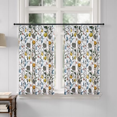 Image of White Kitchen Tier Curtains 36 Inches Long,Botanical Floral Lemon & Hummingbird Pinch Pleated Half Window Drapes Room Darkening for Kitchen RV Cafe Basement Bathroom Dining Room,2 Panels