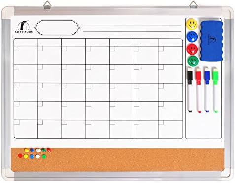 Whiteboard Monthly Wall Calendar Set - 24 x 18 inch Magnetic Dry Erase/Cork Board Planner with 1 Eraser, 4 Dry Wipe Markers, 4 Magnets and 10 Thumb Tacks - Small Hanging Framed White Bulletin Board