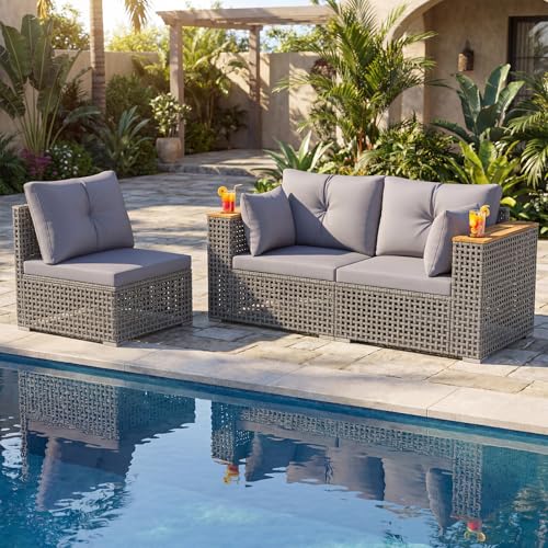 Tangkula 86.5\" Large 3-Seat Patio Wicker Sofa, 3 Pieces PE Rattan Sectional Furniture Set with Cup Holders & Wood Armrest, Outdoor Couch Set with Armless & 2 Corner Sofas for Garden, Yard, Porch, Grey - Thumbnail 5