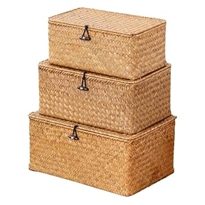 Nonam Storage Basket with Lid, Natural Seagrass Bin with Lid Set of 3, Shelf Baskets Multipurpose Container for Boho Decoration, Rectangular Household Storage Boxes for Home Organization-Natural