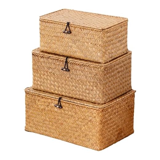 Nonam Storage Basket with Lid, Natural Seagrass Bin with Lid Set of 3, Shelf Baskets Multipurpose Container for Boho Decoration, Rectangular Household Storage Boxes for Home Organization