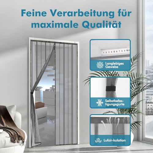 Sekey 100 x 210cm Magnet Fliegengitter Tür Vorhang für Holz, Eisen, Aluminium Türen und Balkon. Einfache Installation, Grau