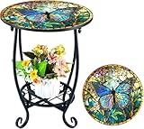 EDIDEUENICA Outdoor Side Table Round Small Mosaic Patio Accent Indoor End Plant Metal Coffee Tea Table for Yard Porch Garden Patio Living Room, Bedroom(Butterfly Style,15x12 Inch)
