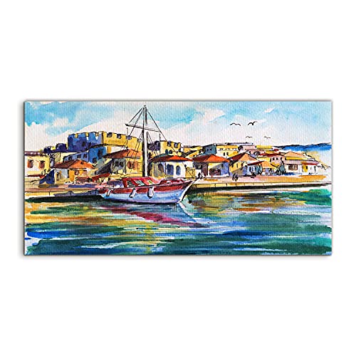 Tableau acrylique 100x50cm pour agrandir un salon sombre avec un paysage lumineux de port
