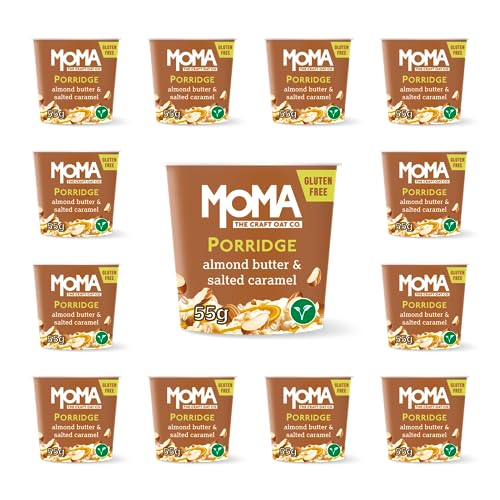MOMA Instant Porridge Pots ALMOND BUTTER & SALTED CARAMEL - Box of 12 x 55g - Breakfast Jumbo Oat - Dairy Free, Gluten Free, Vegan, High in Fibre, Source of Protein, Rich in Vitamin B6 - Made in UK