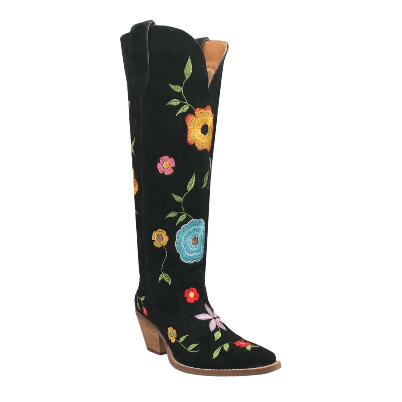Embroidered Cowboy Boots for Women Suede Flower Cowgirl Western Knee High Boots Pull on Pointed Snip Toe Fashion