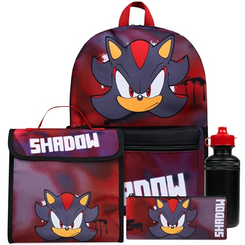 Sonic The Hedgehog Sac a Dos Enfant 4 Pcs Bouteille d'eau Trousse Enfant Sac à Lunch Shadow Fournitures Scolaires (Shadow 4 Ensemble de Pièces)