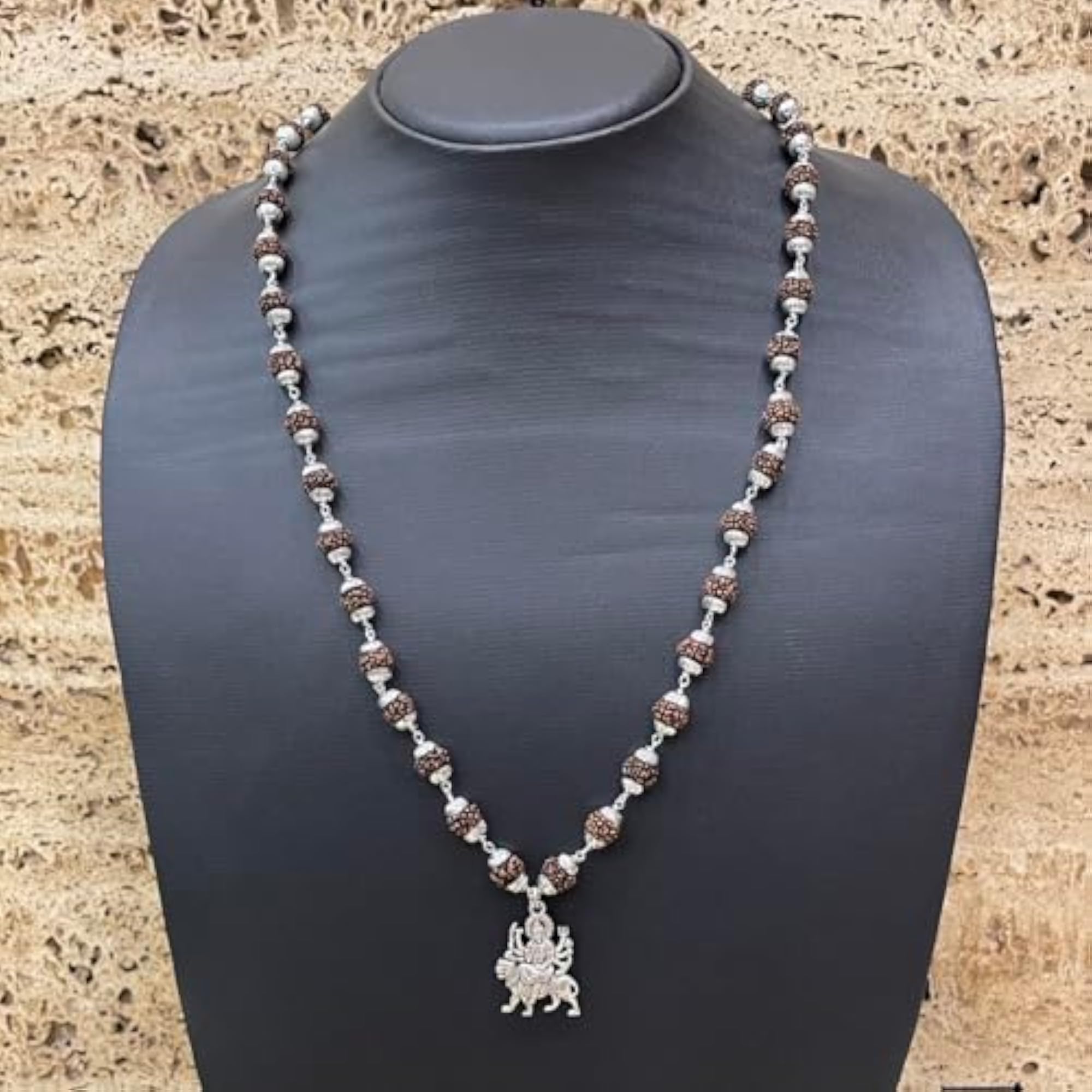 Lord Durga Mata Pendant Rudraksha Mala Necklace, Silver Plated