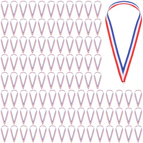 Afcabakila 100Pcs Red White and Blue Lanyard Medal Ribbons Neck Ribbon for Medals Striped Award Lanyards with Snap Clips for Competitions Party Olympic Style Talent Show Sports Themed Party Favors