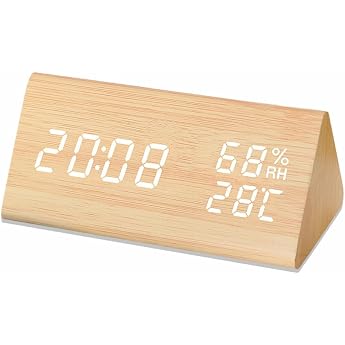 Digital Alarm Clock Wooden Electronic LED Time Date Display Temperature Humidity Detection 3 Alarm Settings 3 Levels Brightness for Home Bedroom Office