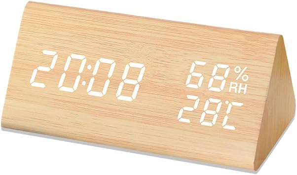 Digital Alarm Clock, Wooden Electronic LED Time Date Display Temperature Humidity Detection 3 Alarm Settings 3 Level Brightness for Home Bedroom Office Travel