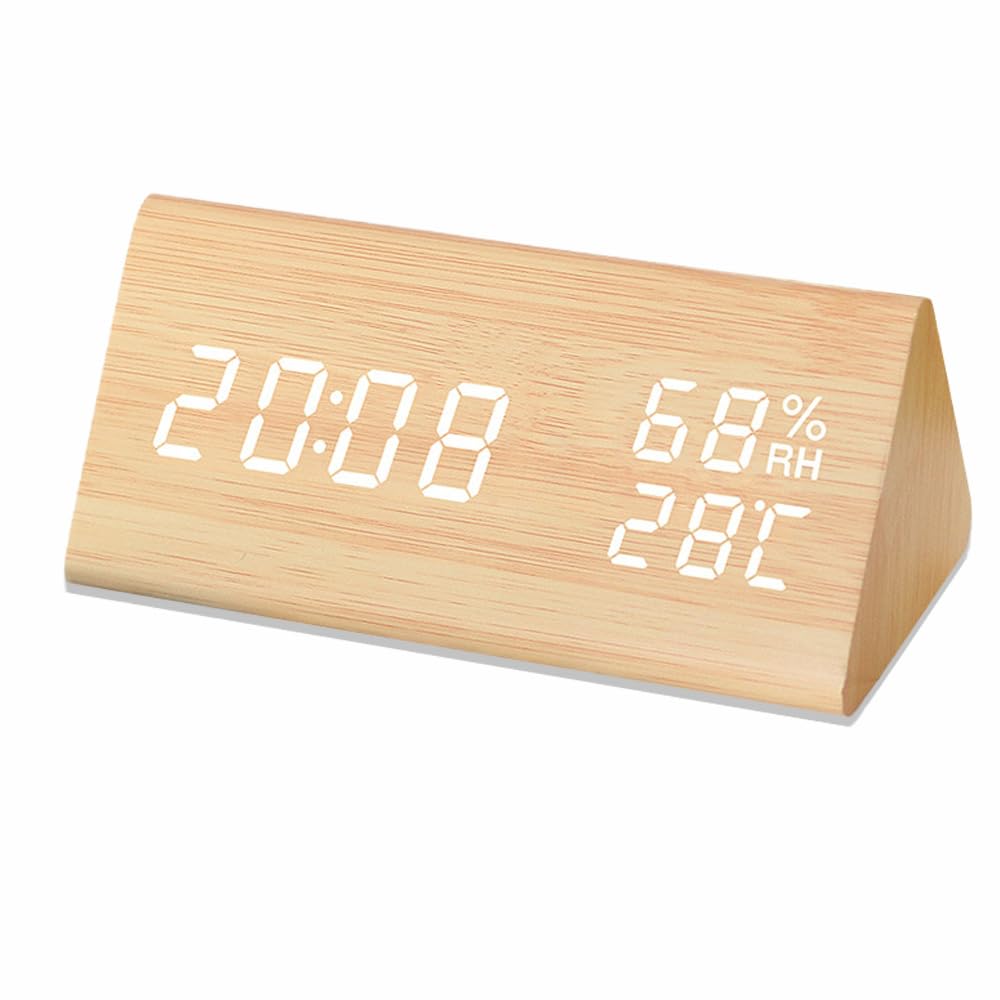 Reloj Despertador Digital, Madera ElectróNica Led Hora Fecha Temperatura Detección De Humedad 3 Configuraciones De Alarma 3 Niveles De Brillo para El Hogar Dormitorio Oficina