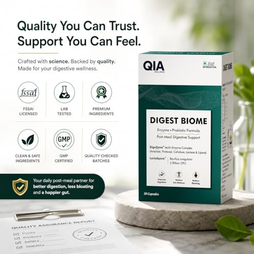 Image of QIA Digest Biome | Digestive Enzyme & Probiotic Capsules | DigeZyme 100 mg + LactoSpore 2 Billion CFU | Digestive Support for Heavy Meals, High Protein Diet & Daily Gut Health | 30 Capsules