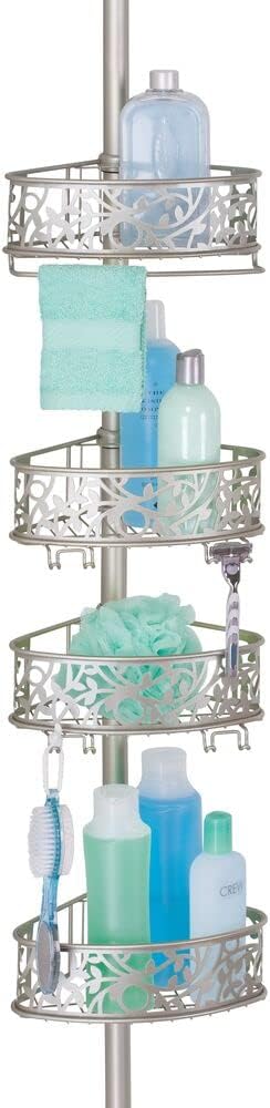 mDesign Bathroom Corner Tension Pole Vine Pattern Shower Caddy with Adjustable Height - 4 Positionable Baskets for Organizing Shampoo, Conditioner, Shaving Cream, or Soap - Arbor Collection - Satin