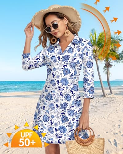 Image of WOWENY 3 /4 Sleeve Dress for Women with Pockets V Neck UPF 50+ Casual Sun Dress Breathable Quick Dry Beach Vacation