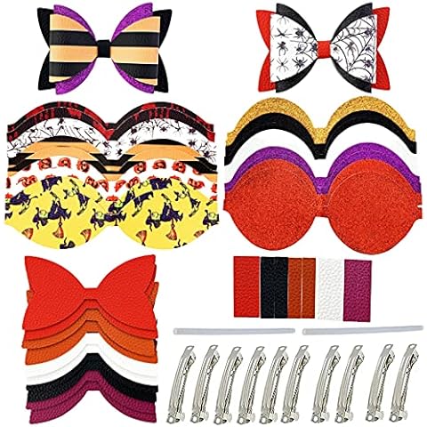 AOUXSEEM 10 Set Halloween Faux Leather Hair Bows DIY Making Kit for Beginners, Pumpkin Printed Pre Cut Pieces Bright Glitter Fabric with Spring Clips for Women Girls Festival Barrettes Gifts Cover