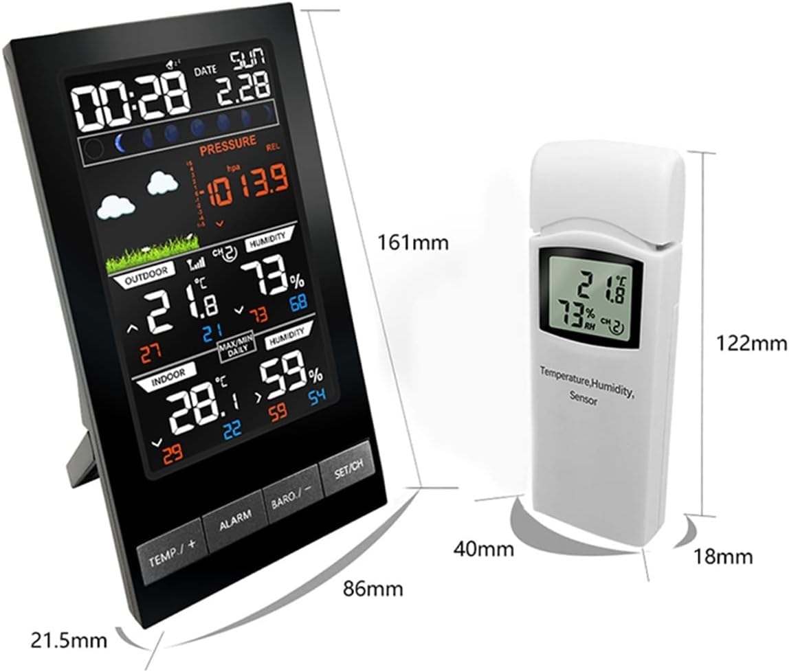 Wetterstationen, 5-in-1-LCD-Farbvorhersage-Display mit kabelloser Anzeige, Farbbildschirm für Thermo-Hygrometer und Luftdruck für drinnen und draußen, Wetterstation für zu Hause