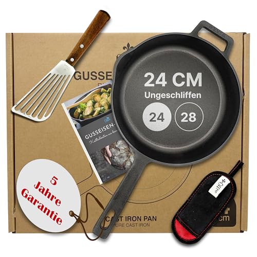 Ottia Poêle en fonte à induction 24 cm – Poêle meulée avec livre de cuisine électronique, spatule, protection thermique lavable, en fonte, poêle en...
